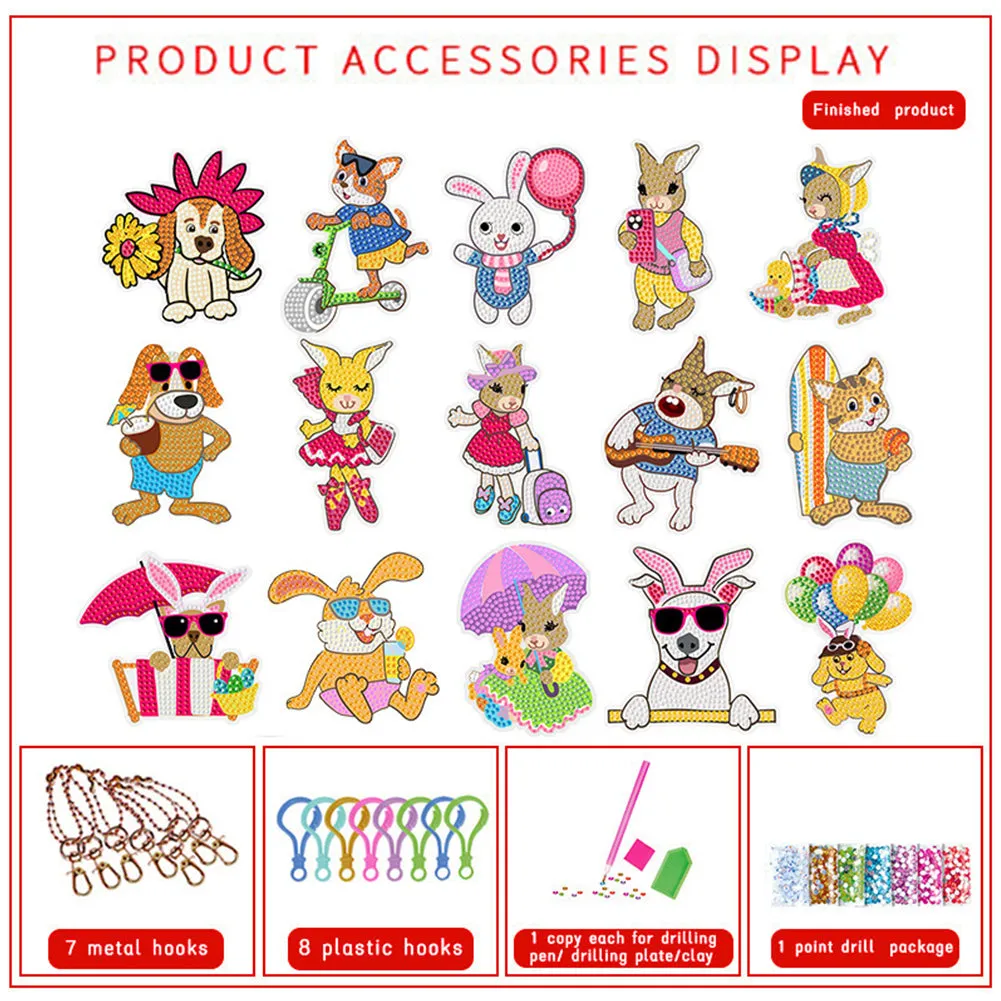 15PCS Double Sided Diamond Painting Keychain for Beginners (Cartoon Animals)