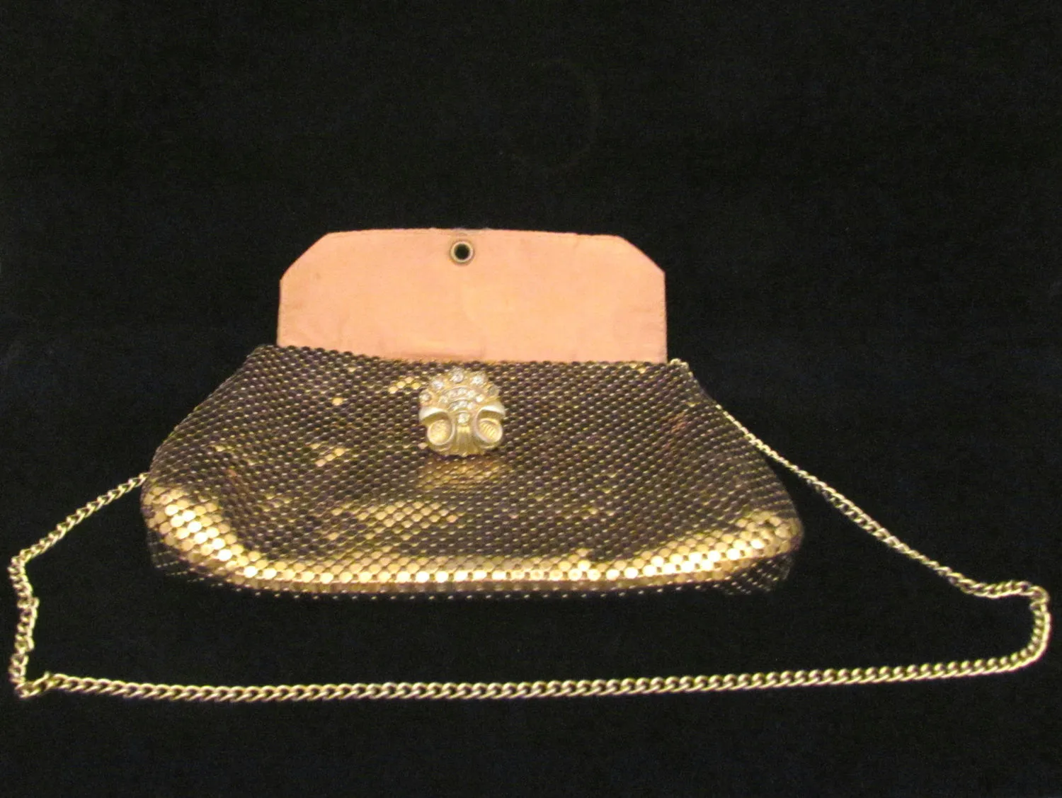 1930s Whiting & Davis Gold Mesh Purse Rhinestone Clasp Shoulder Bag Or Clutch Purse