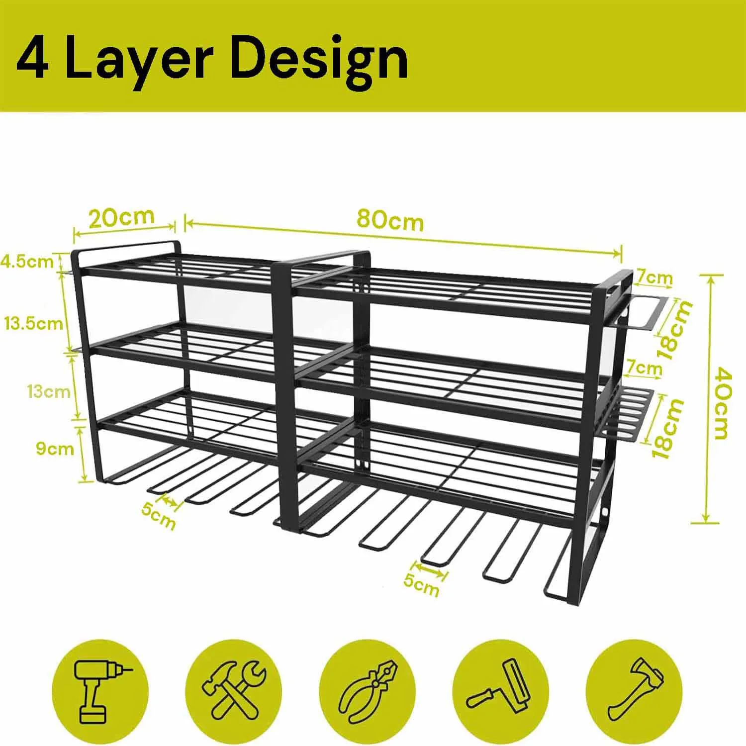 4-Layer Heavy-Duty Garage Tool Organizer Rack, Metal