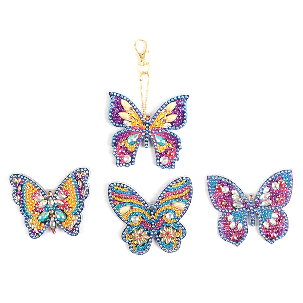 4pcs Butterfly 5D Full Drill Special Diamond Painting Key Chain Key Ring