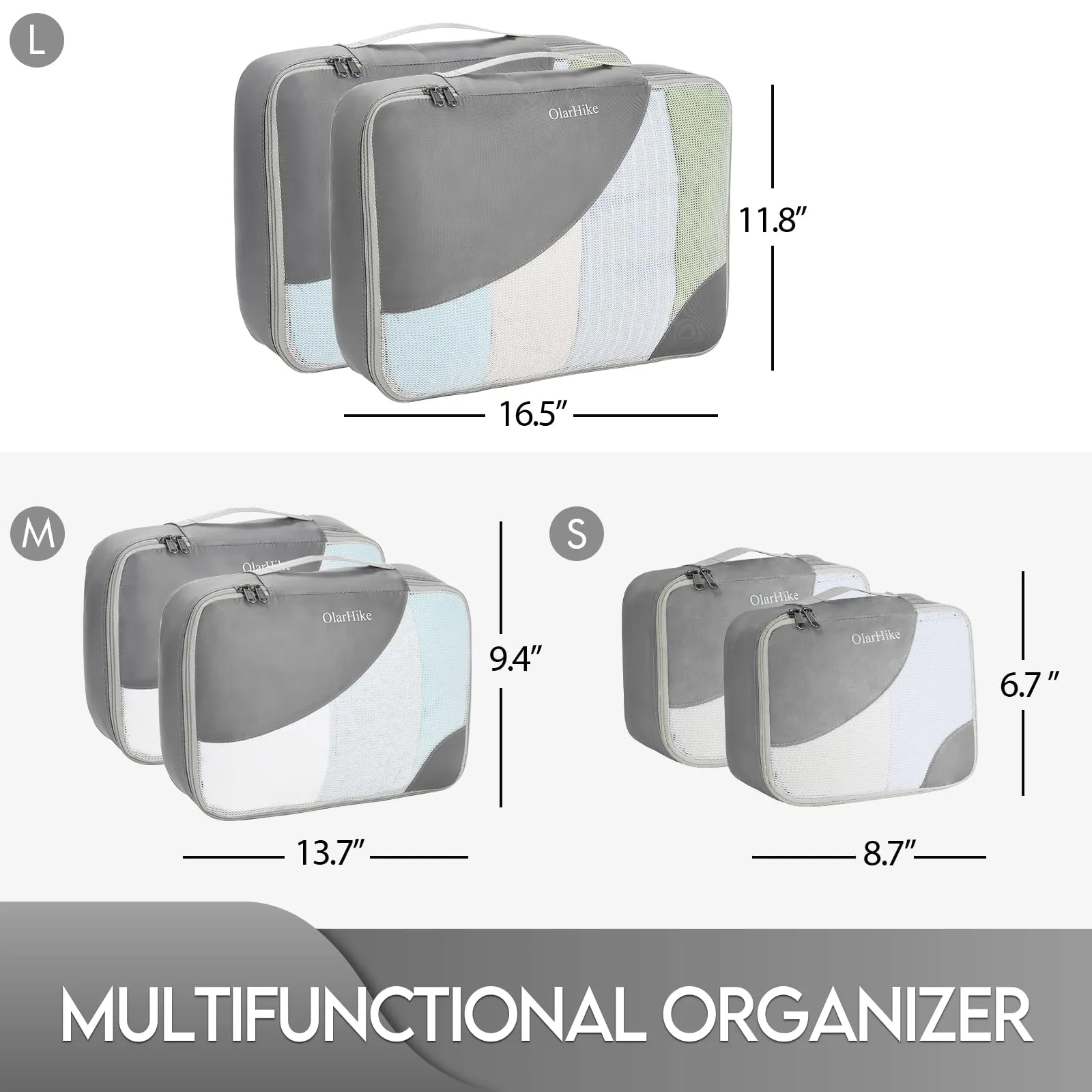 6 Set Packing Cubes for Travel, OlarHike 3 Various Sizes(Large,Medium,Small) Luggage Organizer Bags for Travel Accessories Travel Essentials, Travel Cubes for Carry on Suitcases (Grey)