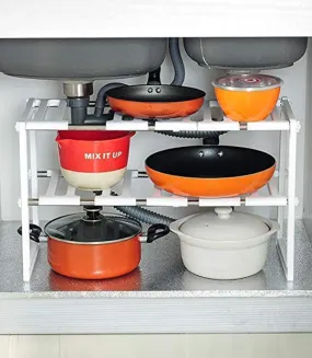 ABOUT SPACE Under Sink Storage Organizer Rack - 2-Tier Stainless Steel Expandable Tawa Holder with Detachable Shelf - (50 cm to 70 cm Height Adjustable Size)