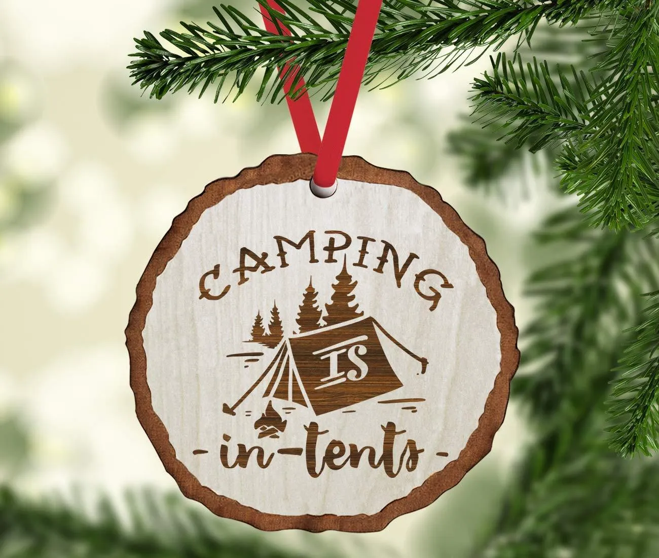 Andaz Press Real Wood Rustic Christmas Ornament, Engraved Wood Slab, Camping is in Tents, Intense Pun