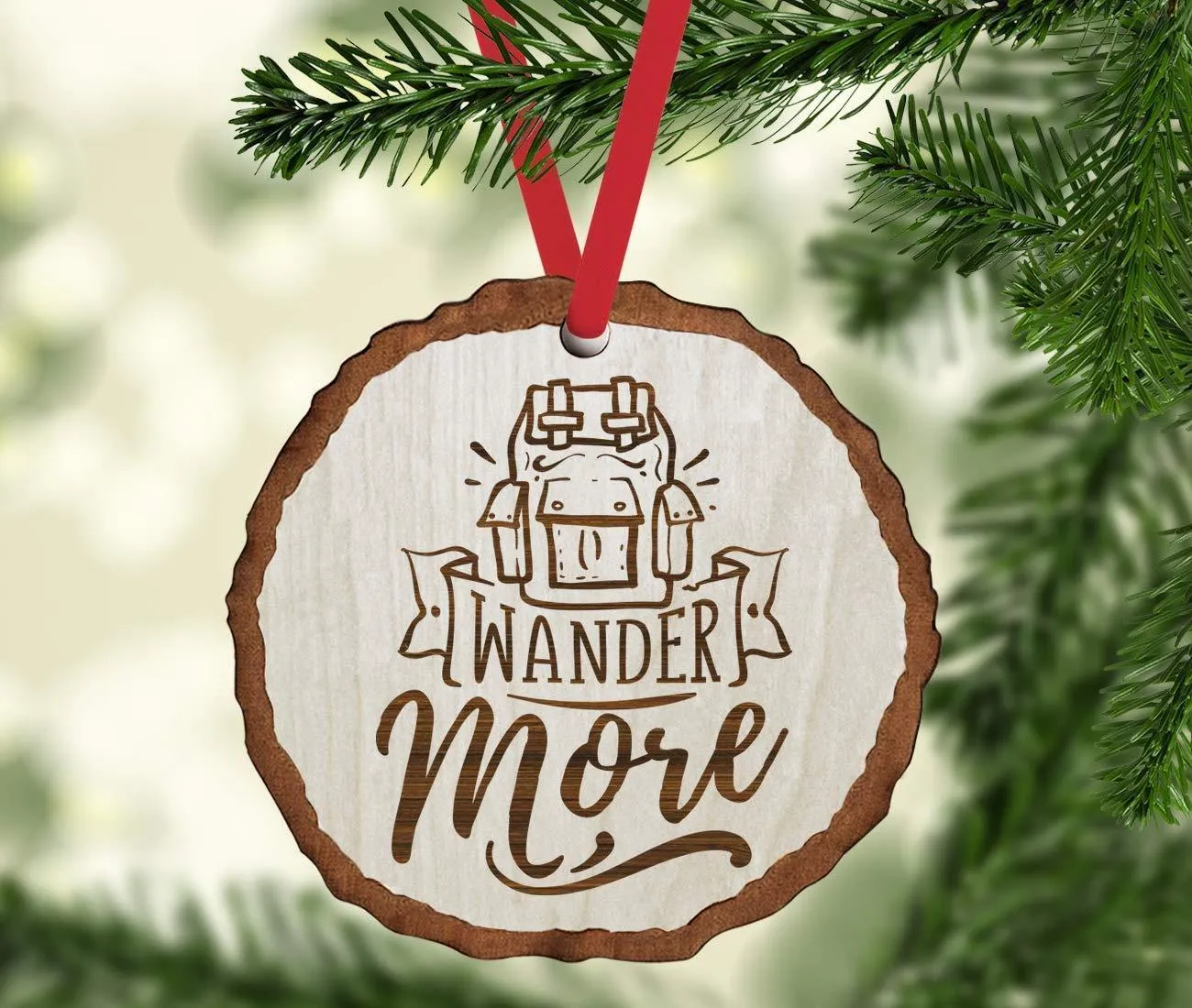 Andaz Press Real Wood Rustic Christmas Ornament, Engraved Wood Slab, Wander More