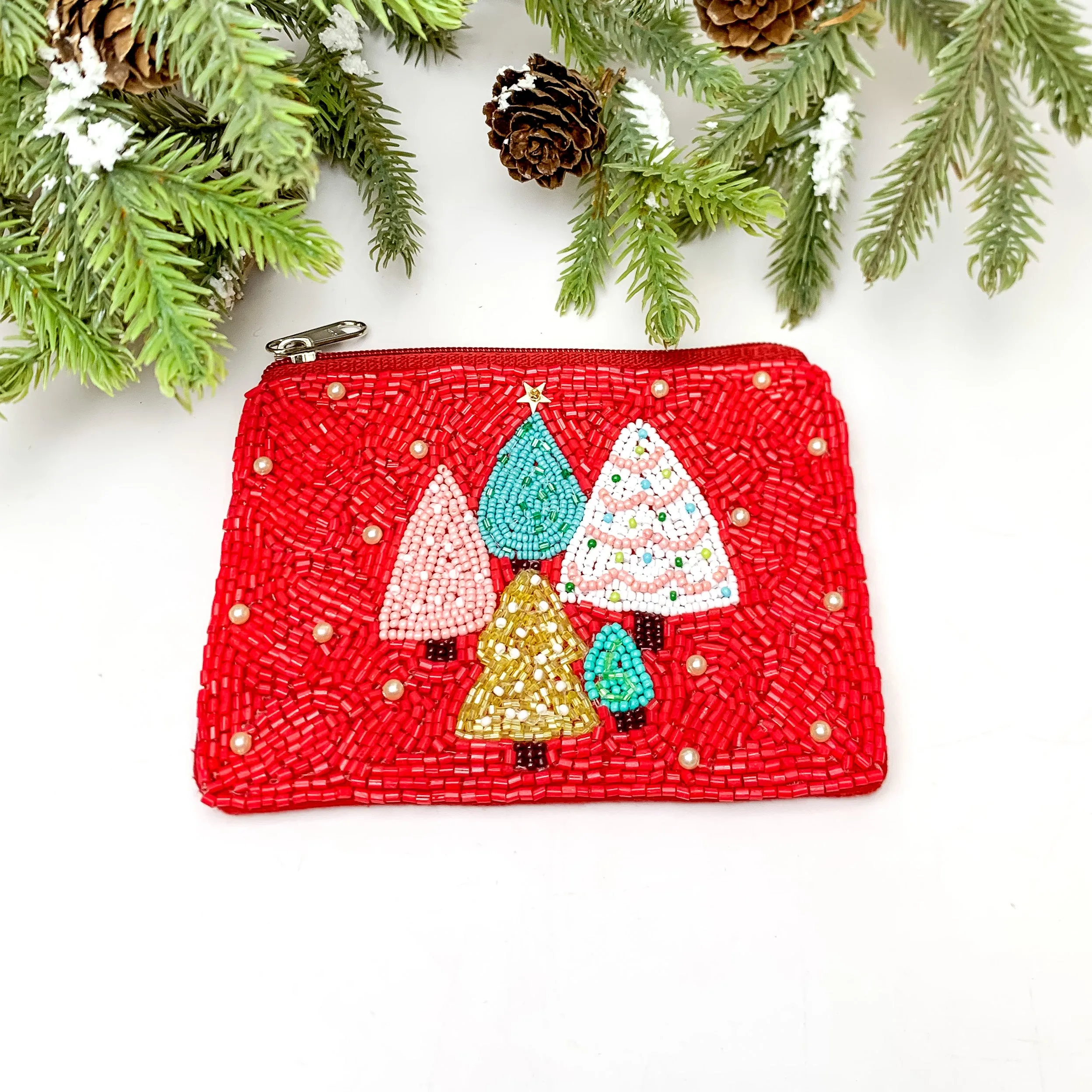 Beaded Coin Purse With Christmas Trees in Red