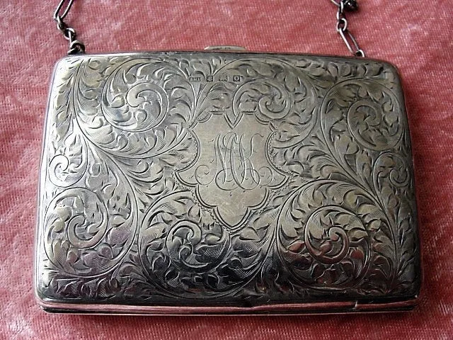 BEAUTIFUL Antique English Sterling Silver Purse,Aide Memoire,Silver Pencil, Engraved Silver Dance Purse, Business Card Holder Monogram MK