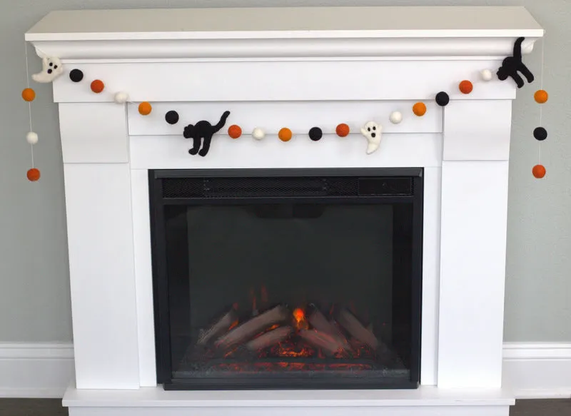 Black Cat & Ghost Halloween Garland- Orange, Black & White