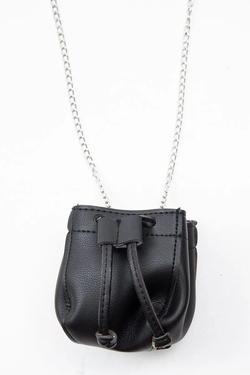 Black Faux Leather Mini Drawstring Bag - Cailey