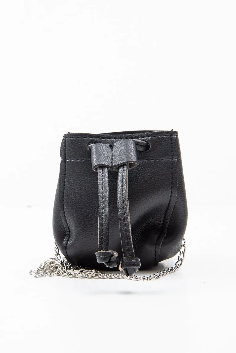 Black Faux Leather Mini Drawstring Bag - Cailey