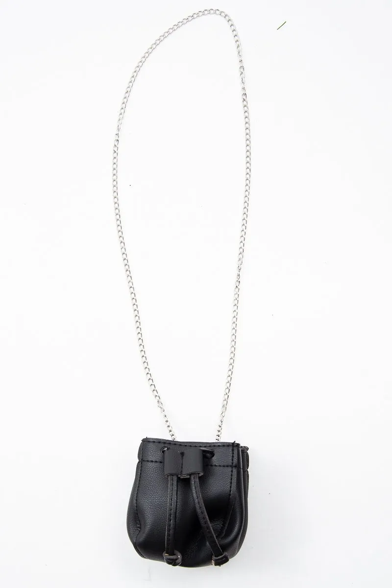 Black Faux Leather Mini Drawstring Bag - Cailey