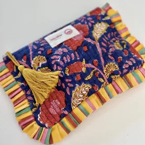 Block Printed Cotton Pouch - Blue, Red & Yellow