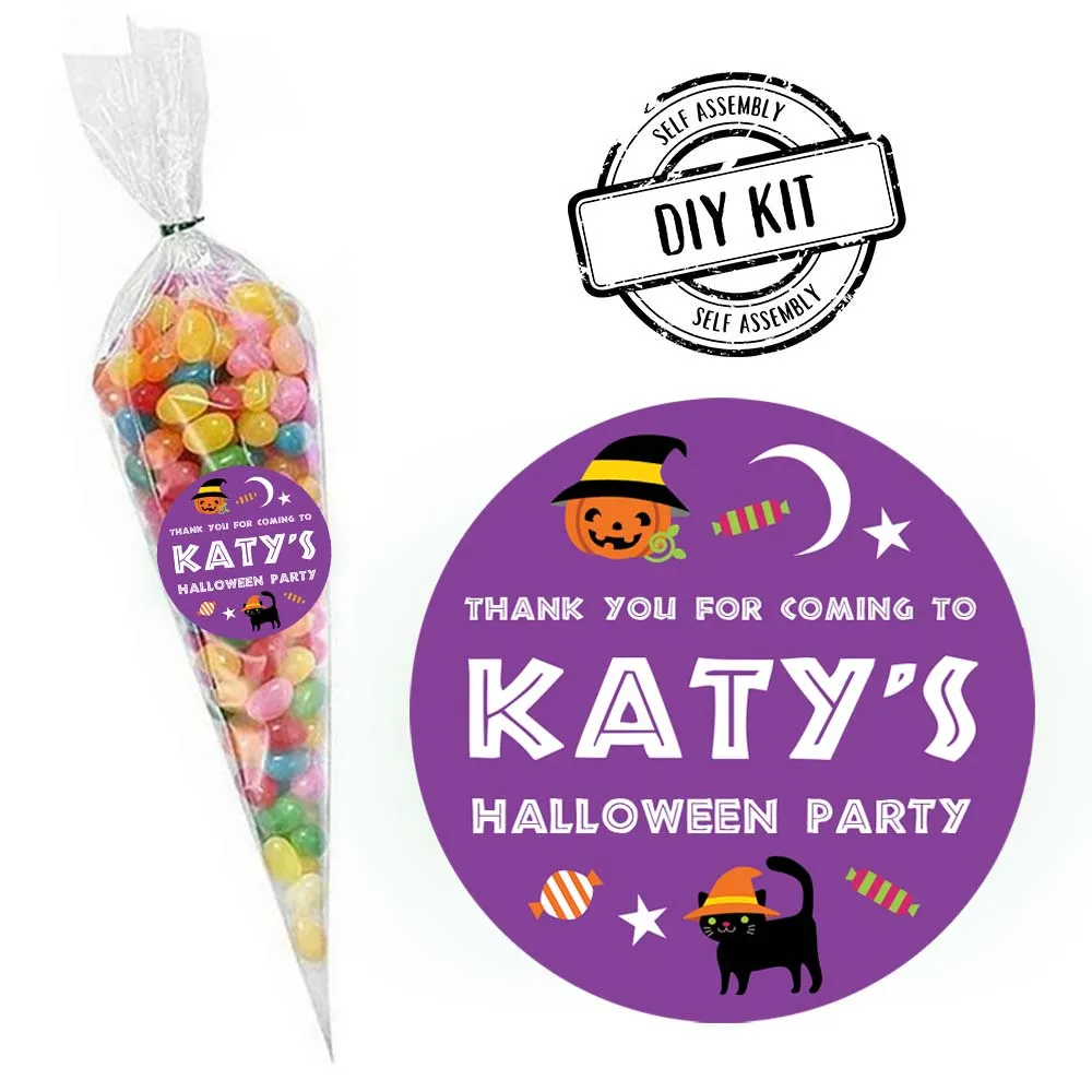 Cat & Pumpkin Halloween Personalised Sweet Cone Bag Favour Kit - Pack of 15