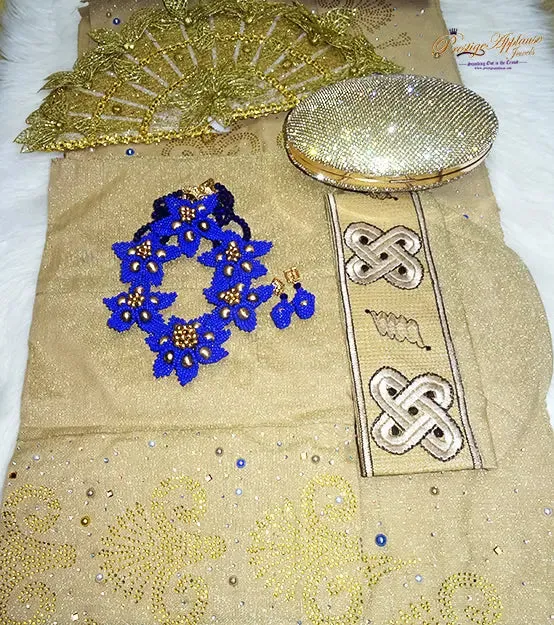 Celebrant Gold Mixed with Royal Blue pearl Complete Bridal Package Aso Oke African Nigerian Gele Ipele Men Fila Cap Veil Bridal Lot Instock UK Delivery