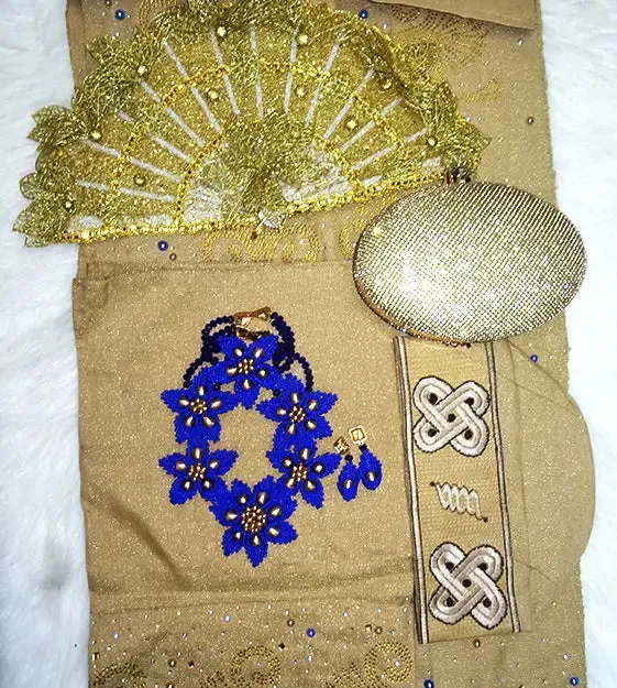 Celebrant Gold Mixed with Royal Blue pearl Complete Bridal Package Aso Oke African Nigerian Gele Ipele Men Fila Cap Veil Bridal Lot Instock UK Delivery