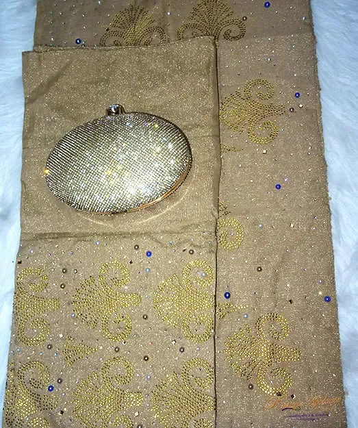 Celebrant Gold Mixed with Royal Blue pearl Complete Bridal Package Aso Oke African Nigerian Gele Ipele Men Fila Cap Veil Bridal Lot Instock UK Delivery