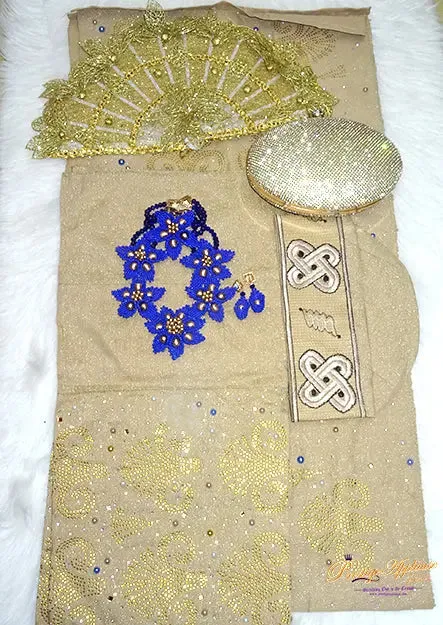 Celebrant Gold Mixed with Royal Blue pearl Complete Bridal Package Aso Oke African Nigerian Gele Ipele Men Fila Cap Veil Bridal Lot Instock UK Delivery