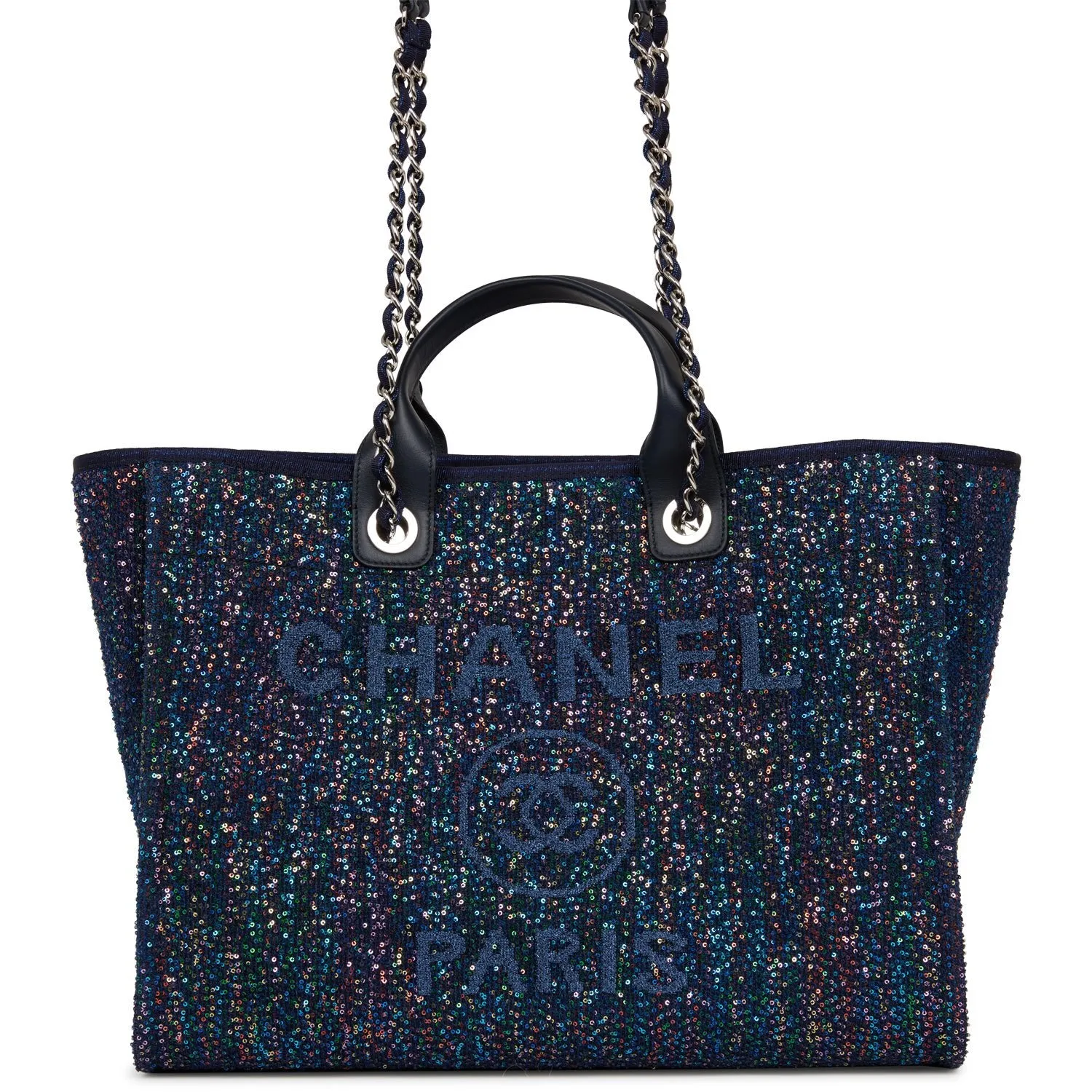 Chanel Large Deauville Shopping Tote Blue Sequin Boucle Silver Hardware