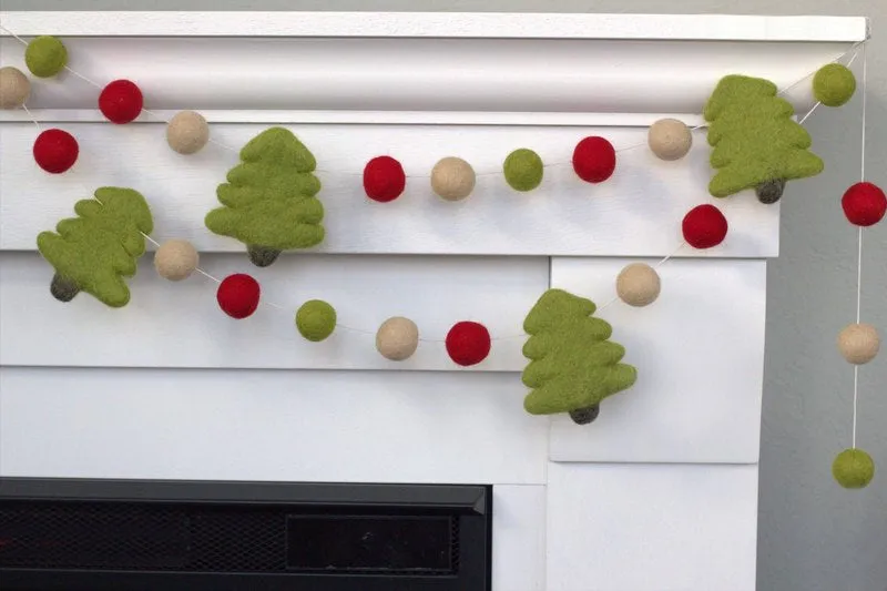 Christmas Tree Felt Garland- Red, Lime Green, Almond