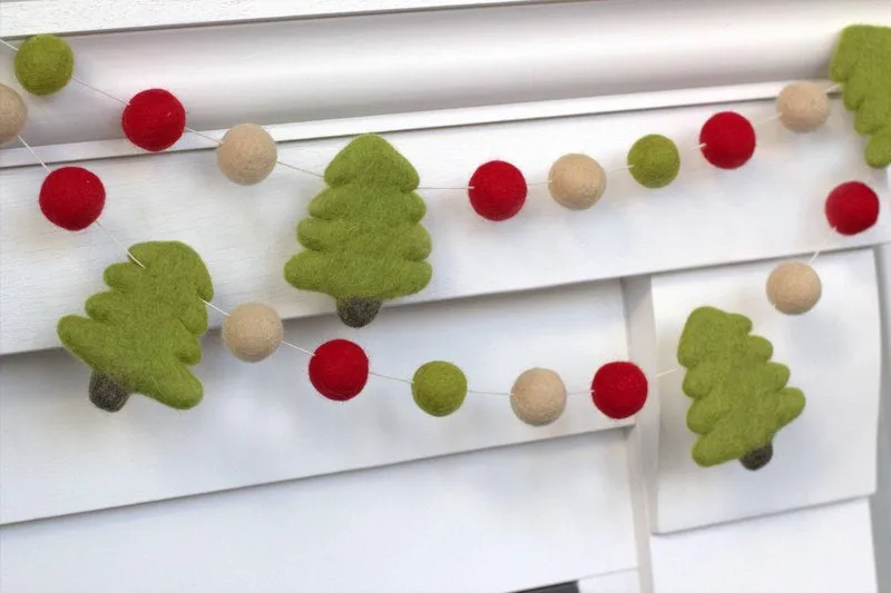 Christmas Tree Felt Garland- Red, Lime Green, Almond