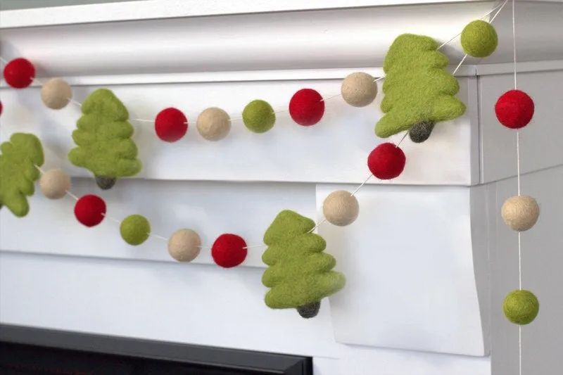 Christmas Tree Felt Garland- Red, Lime Green, Almond