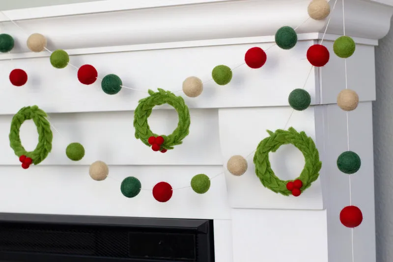 Christmas Wreath Felt Garland- Red Green Cream