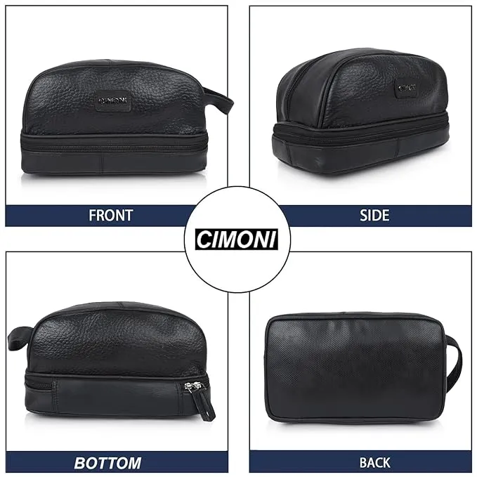 CIMONI® Premium Genuine Leather Toiletry Bag for Men and Women - Travel Organizer Kit with Multiple Pockets Male Toiletries - Stylish Travel Toiletry Kit Shaving Kit Bag (Black)