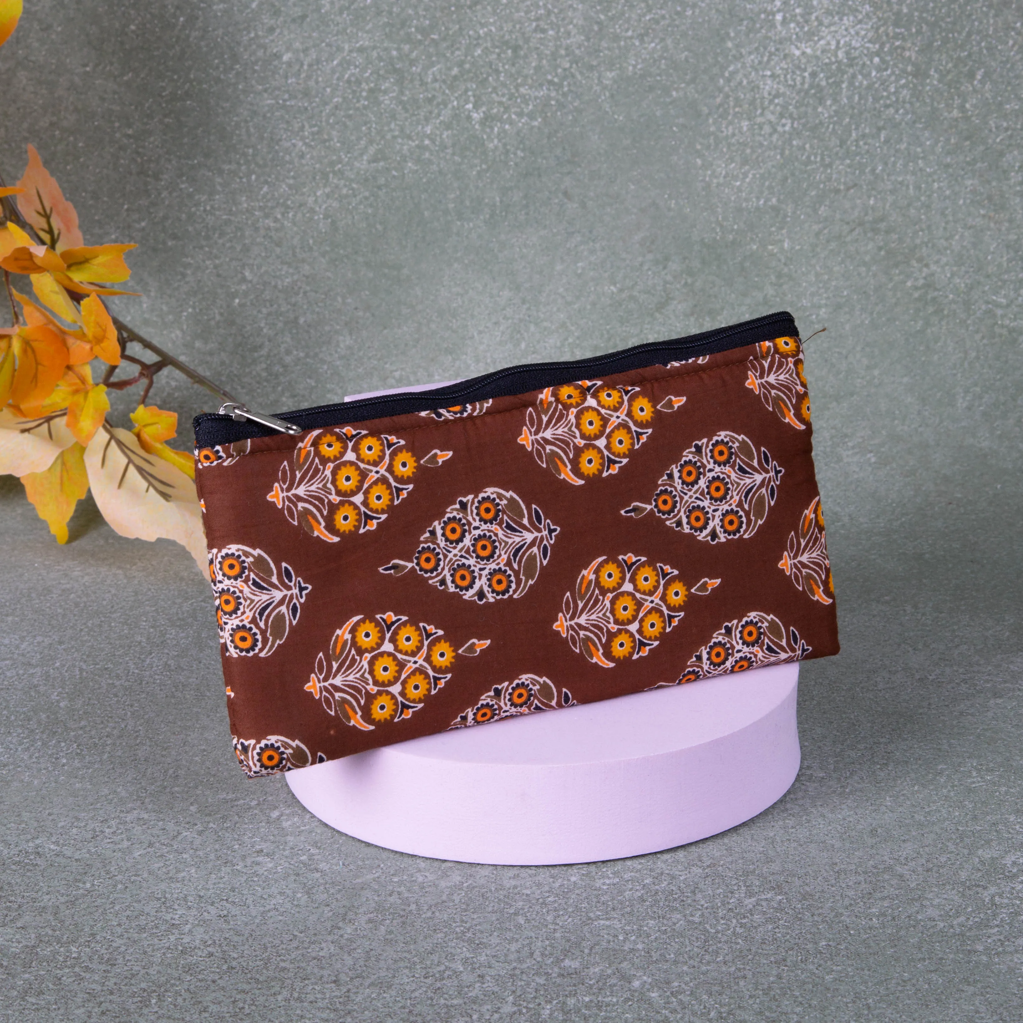 Cotton Purse Brown with Mustered Flower Design.