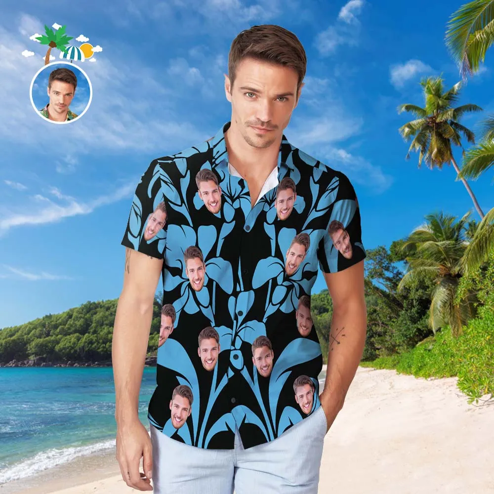 Custom Face Hawaiian Shirt Men's Popular All Over Print Hawaiian Beach Shirt Gift - Blue Romance