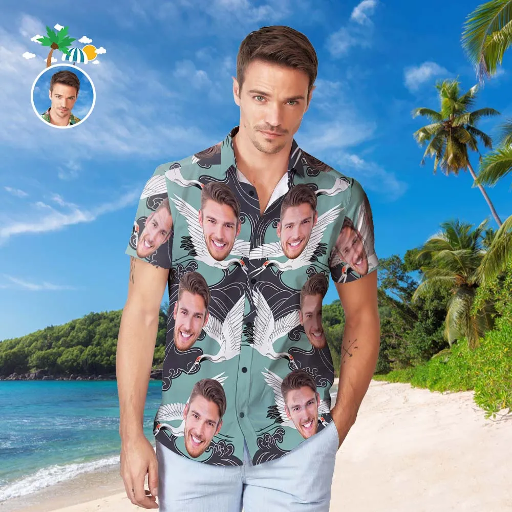 Custom Face Hawaiian Shirt Men's Popular All Over Print Hawaiian Beach Shirt Gift - Oriental Aesthetics Crane