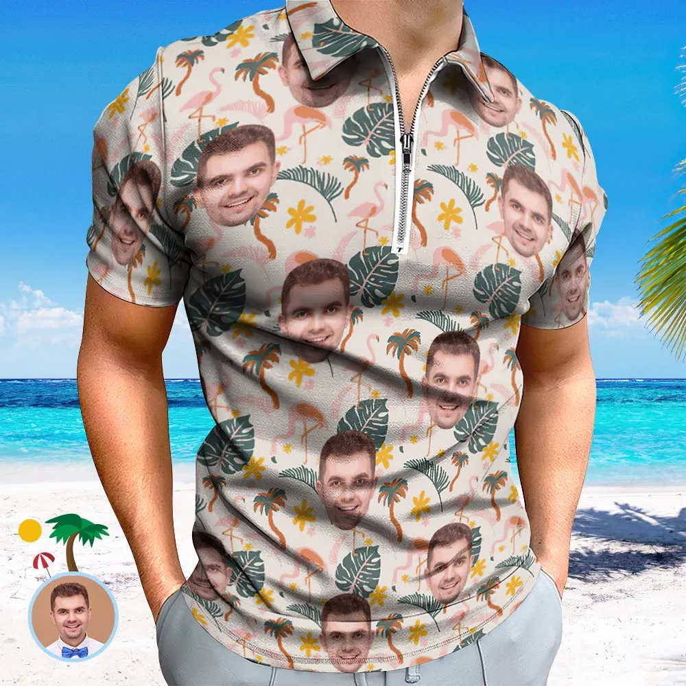 Custom Flamingo Wild Floral Men's Polo Shirt Personalised Face Funny Polo Shirt with Zipper