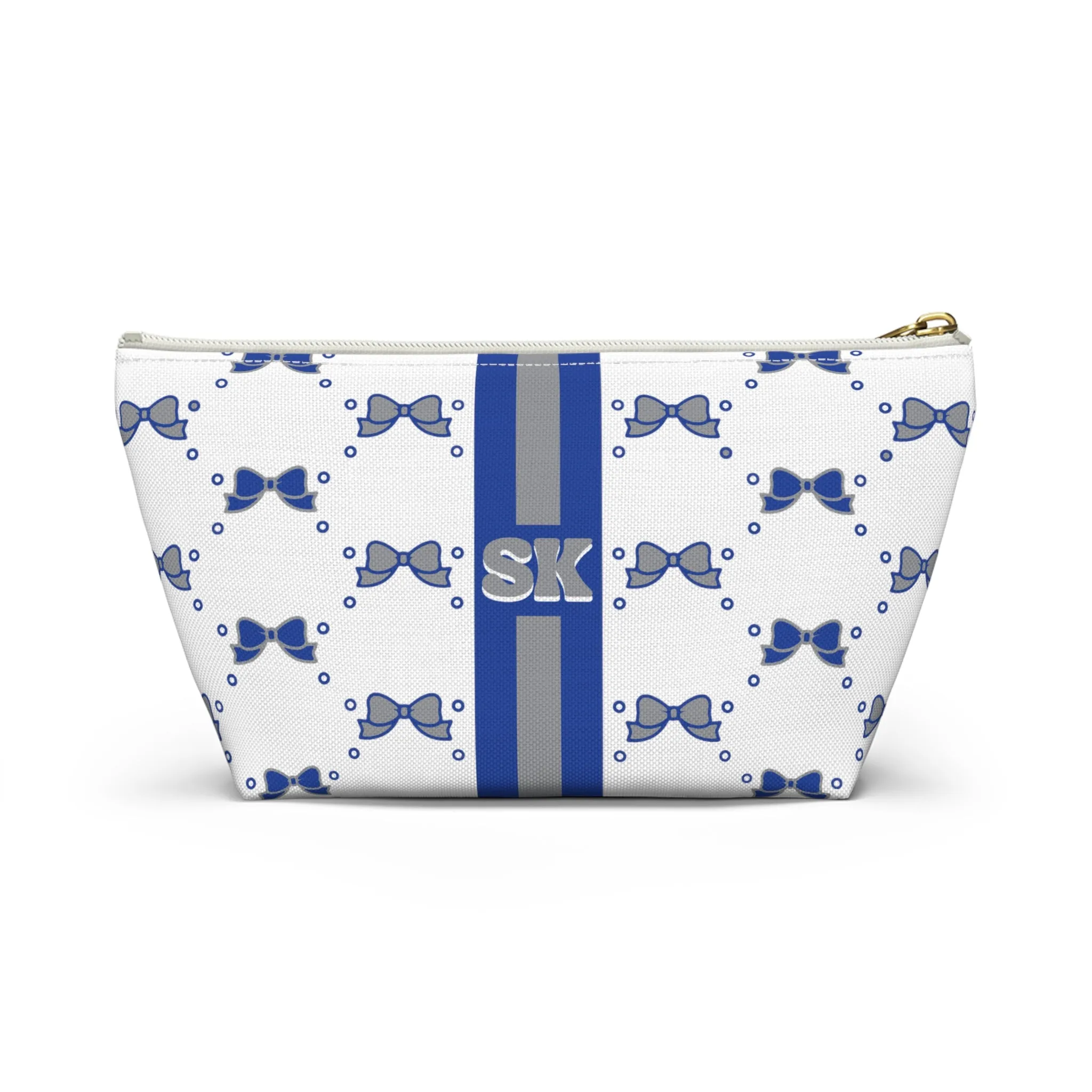 Custom Initial Personalized Bow Makeup Bag - Custom Initial, Makeup Bag, Blue and Grey, Buffalo Bulls, Personalized, Bow Aesthetic