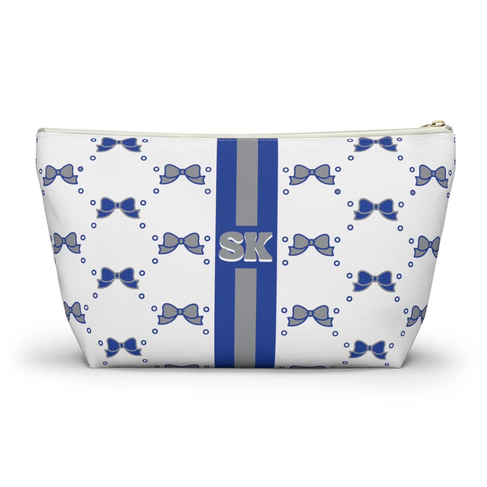 Custom Initial Personalized Bow Makeup Bag - Custom Initial, Makeup Bag, Blue and Grey, Buffalo Bulls, Personalized, Bow Aesthetic