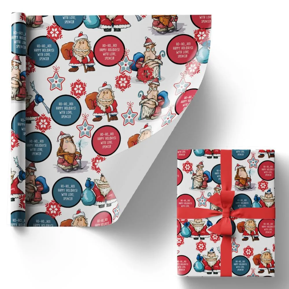 Custom Name Christmas Gift Wrapping Paper Cartoon Style Santas