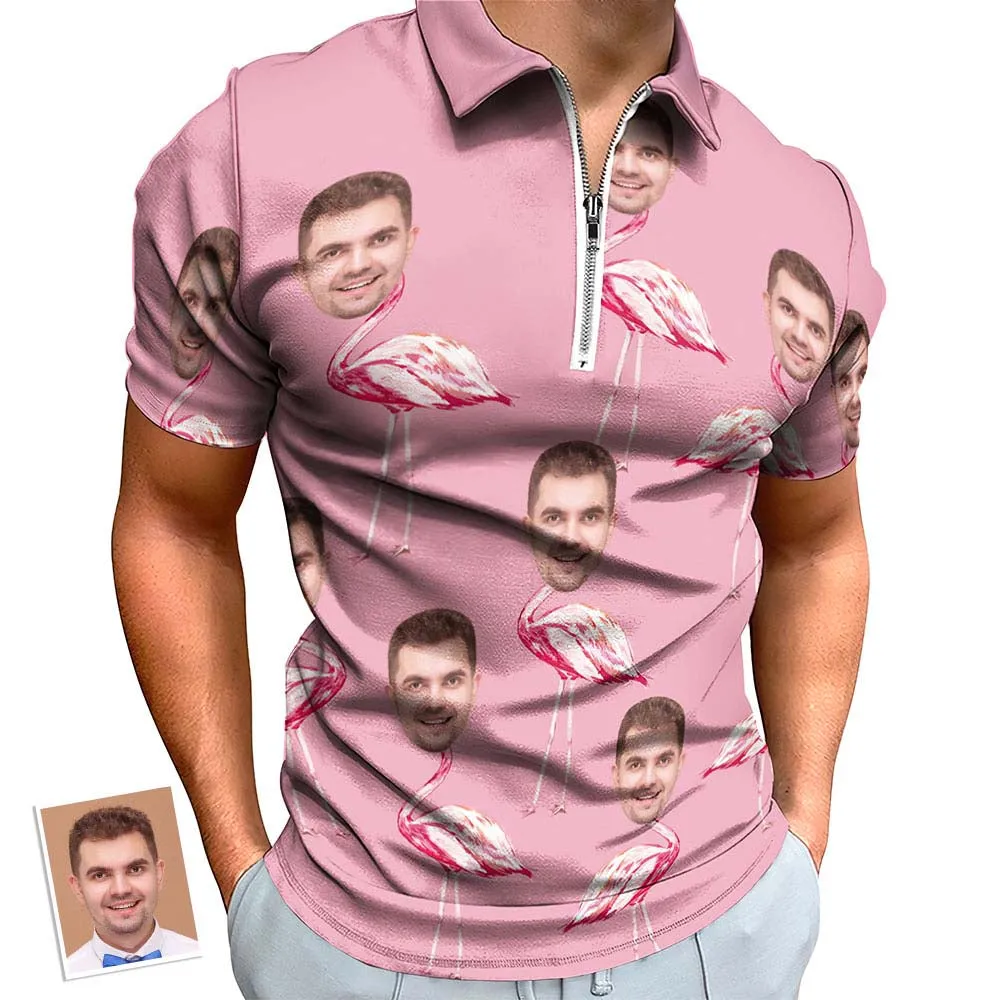 Custom Pink Flamingo Men's Polo Shirt Personalised Face Funny Polo Shirt with Zipper