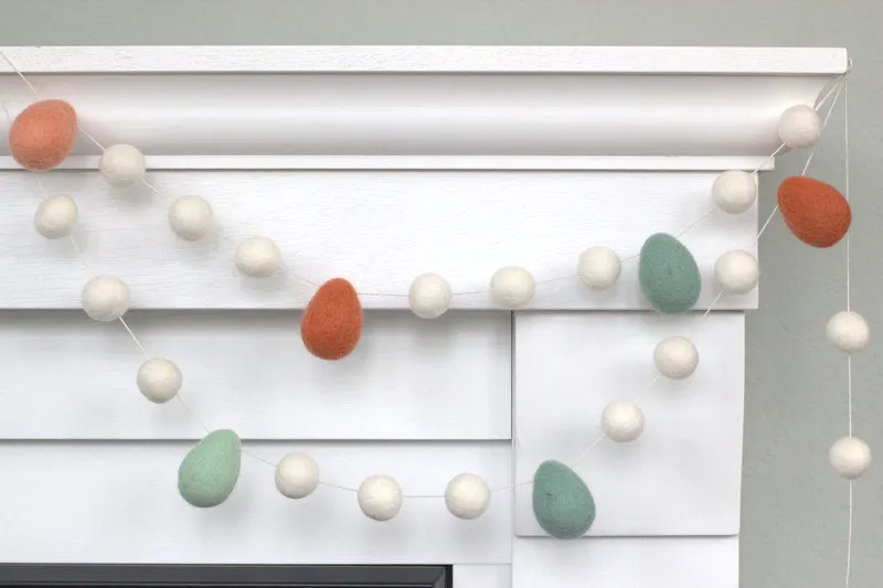 Easter Egg Garland- White Felt Balls & Terra Cotta, Teal, Peach Eggs