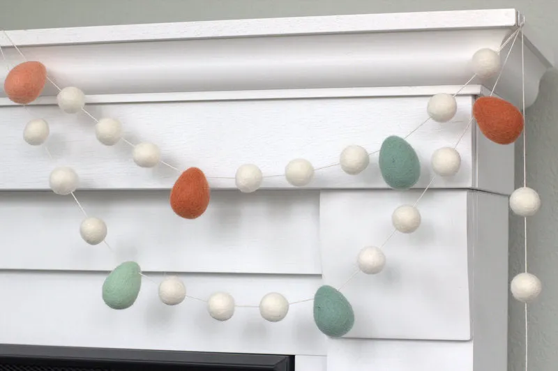 Easter Egg Garland- White Felt Balls & Terra Cotta, Teal, Peach Eggs