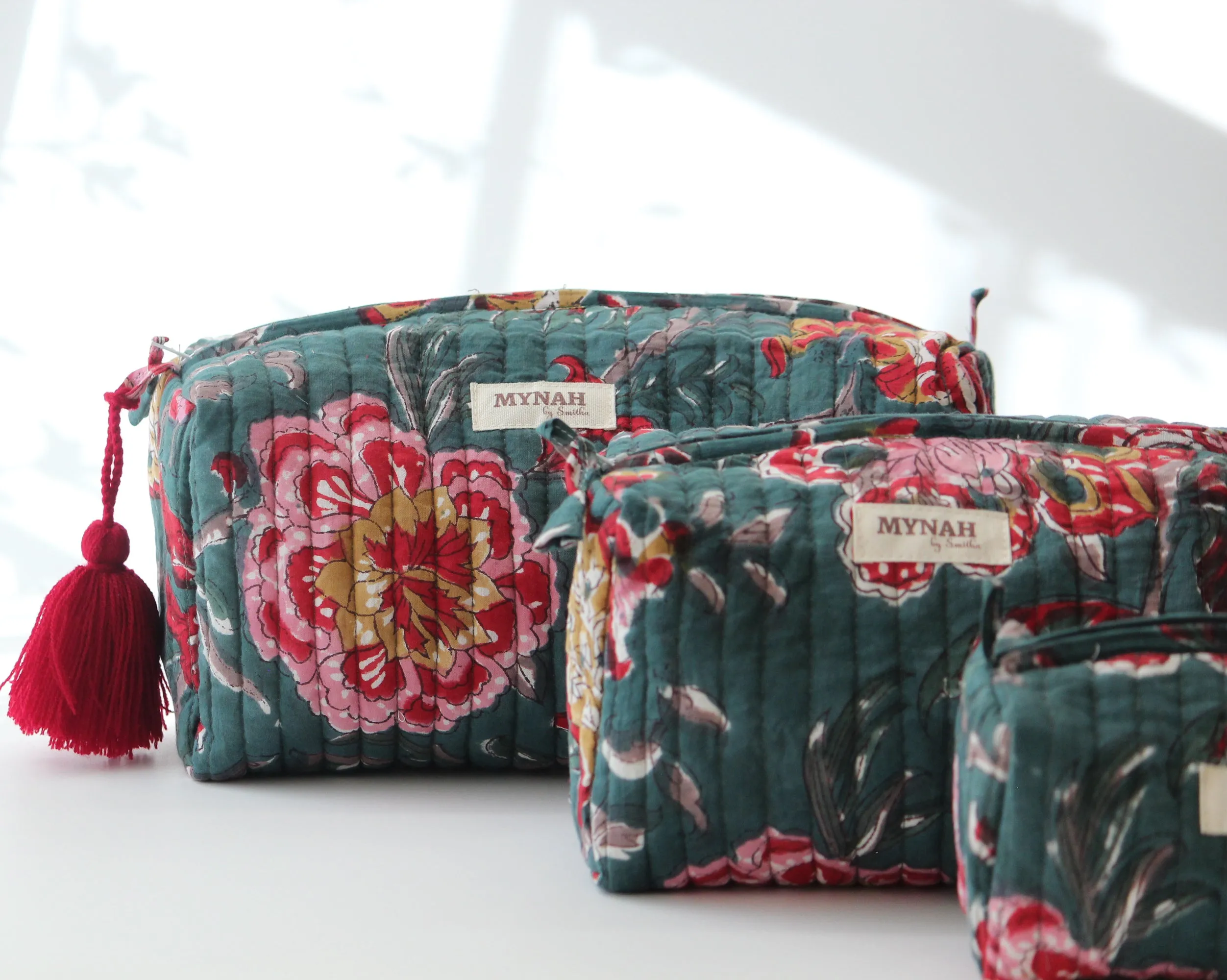 'EMERALD GARDEN' hand block printed, quilted travel/makeup zipper pouch-LARGE only