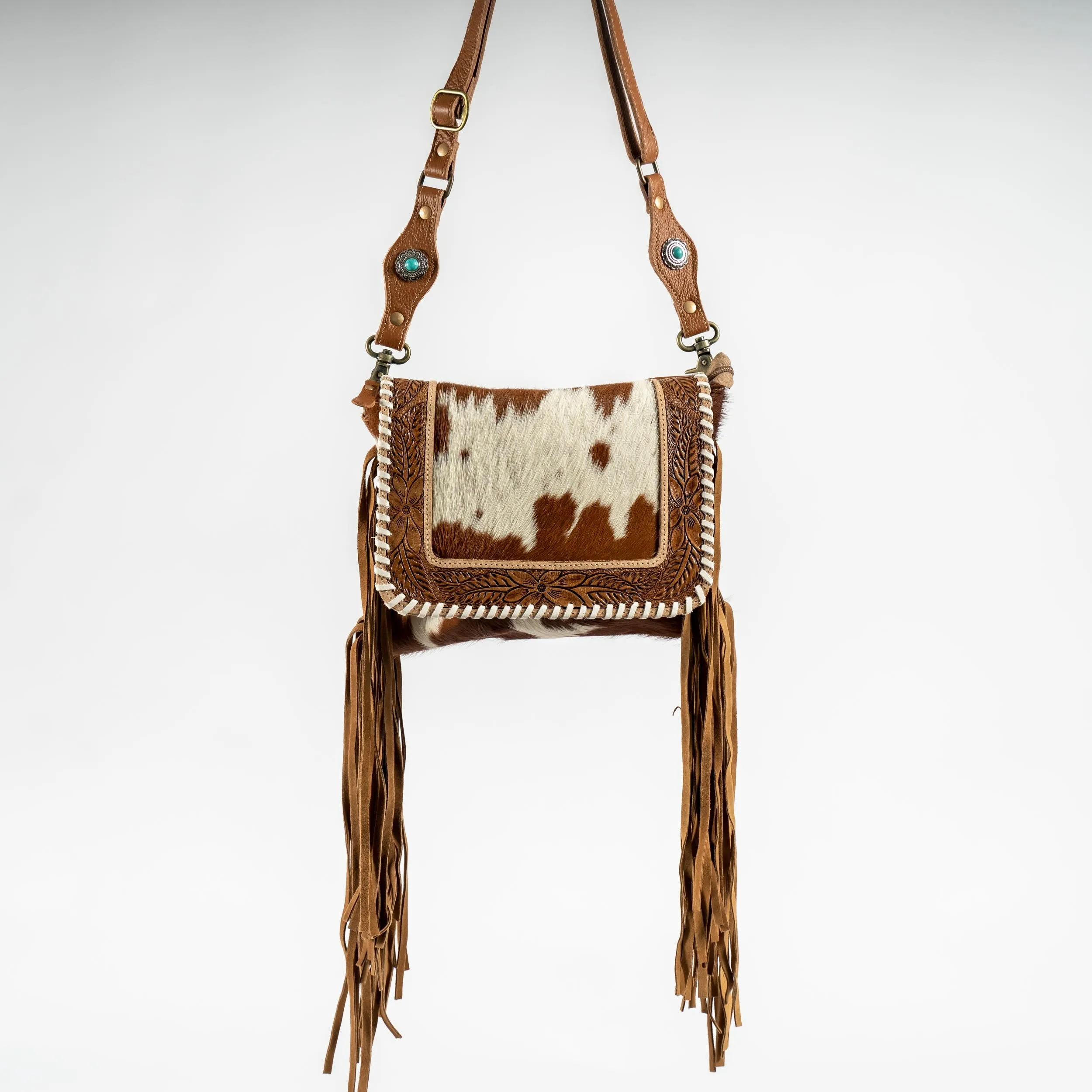 Fringe Front Flap Hand-Tooled Cowhide Purse