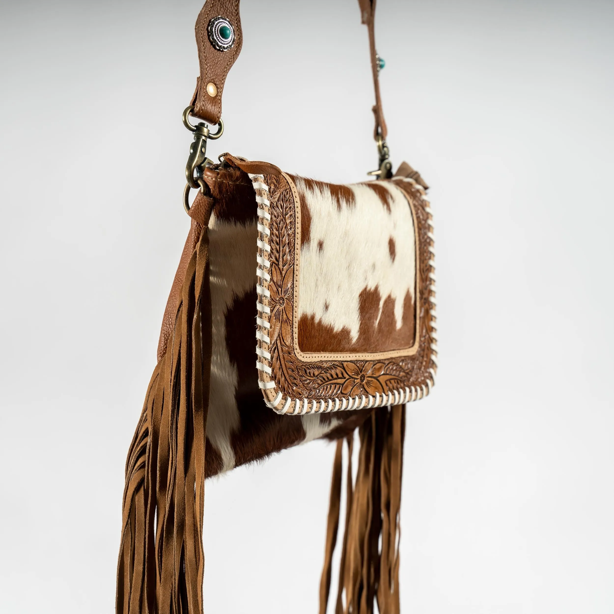 Fringe Front Flap Hand-Tooled Cowhide Purse