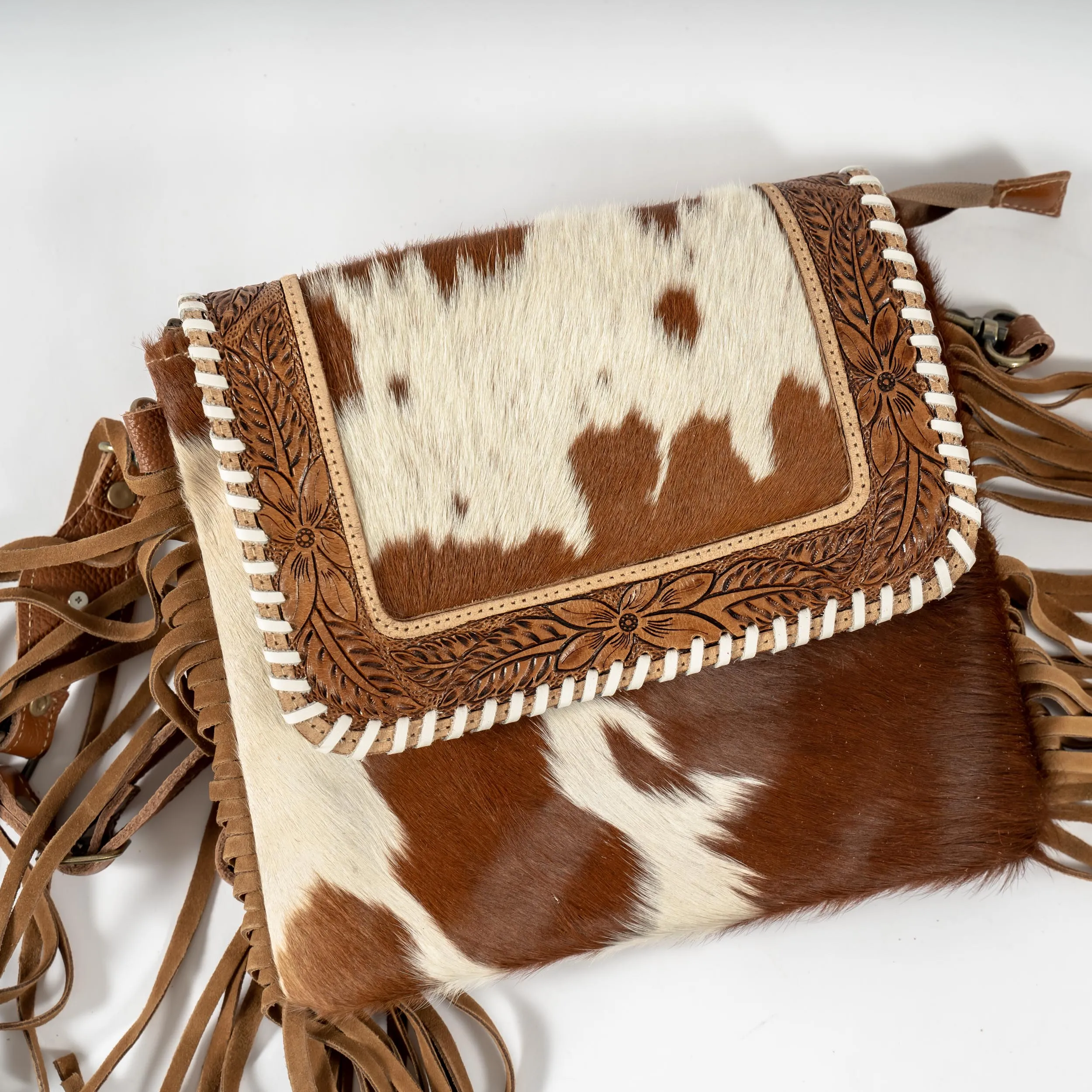 Fringe Front Flap Hand-Tooled Cowhide Purse