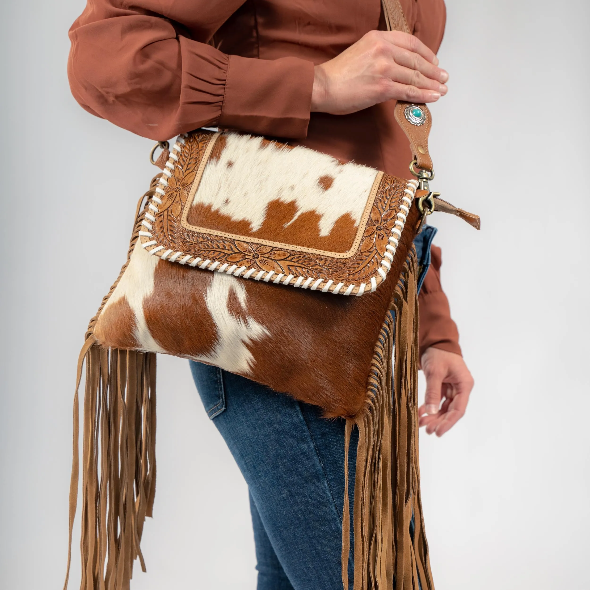 Fringe Front Flap Hand-Tooled Cowhide Purse