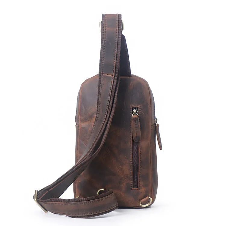 Full Grain Leather Sling Bag Retro Chest Bag Mens Shoulder Crossbody Bag