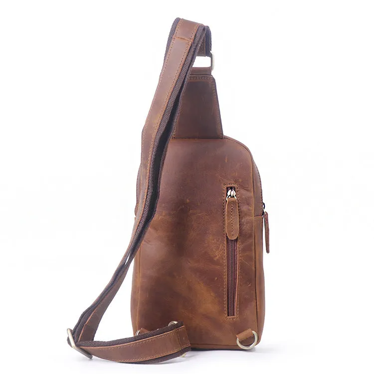 Full Grain Leather Sling Bag Retro Chest Bag Mens Shoulder Crossbody Bag