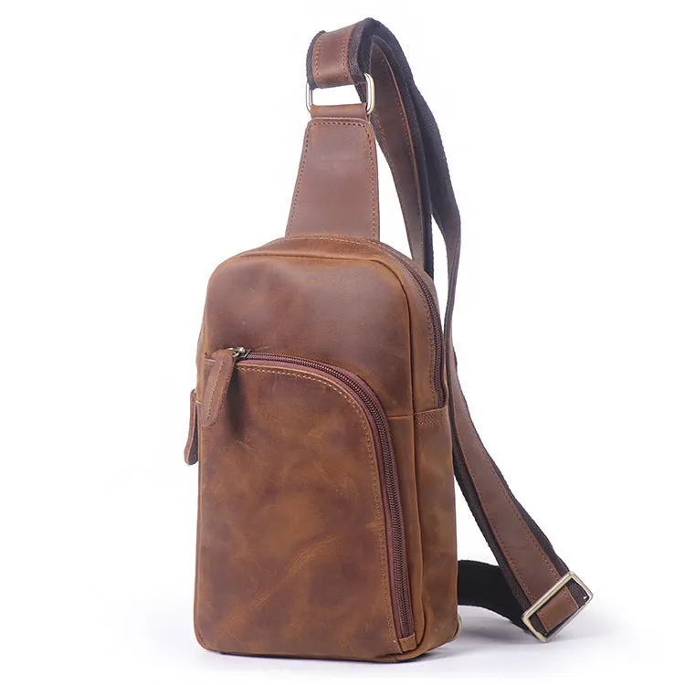 Full Grain Leather Sling Bag Retro Chest Bag Mens Shoulder Crossbody Bag