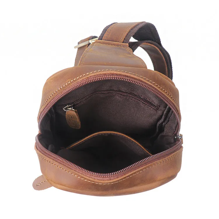 Full Grain Leather Sling Bag Retro Chest Bag Mens Shoulder Crossbody Bag