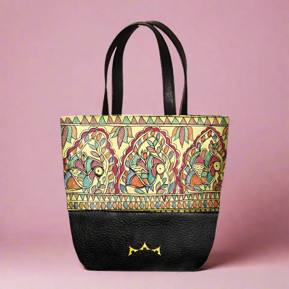 Genuine Leather & Madhubani Tiny Tote - Jet Black