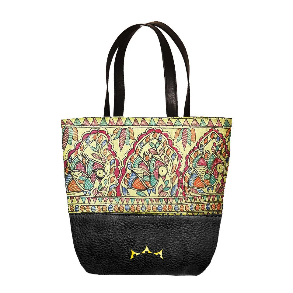 Genuine Leather & Madhubani Tiny Tote - Jet Black