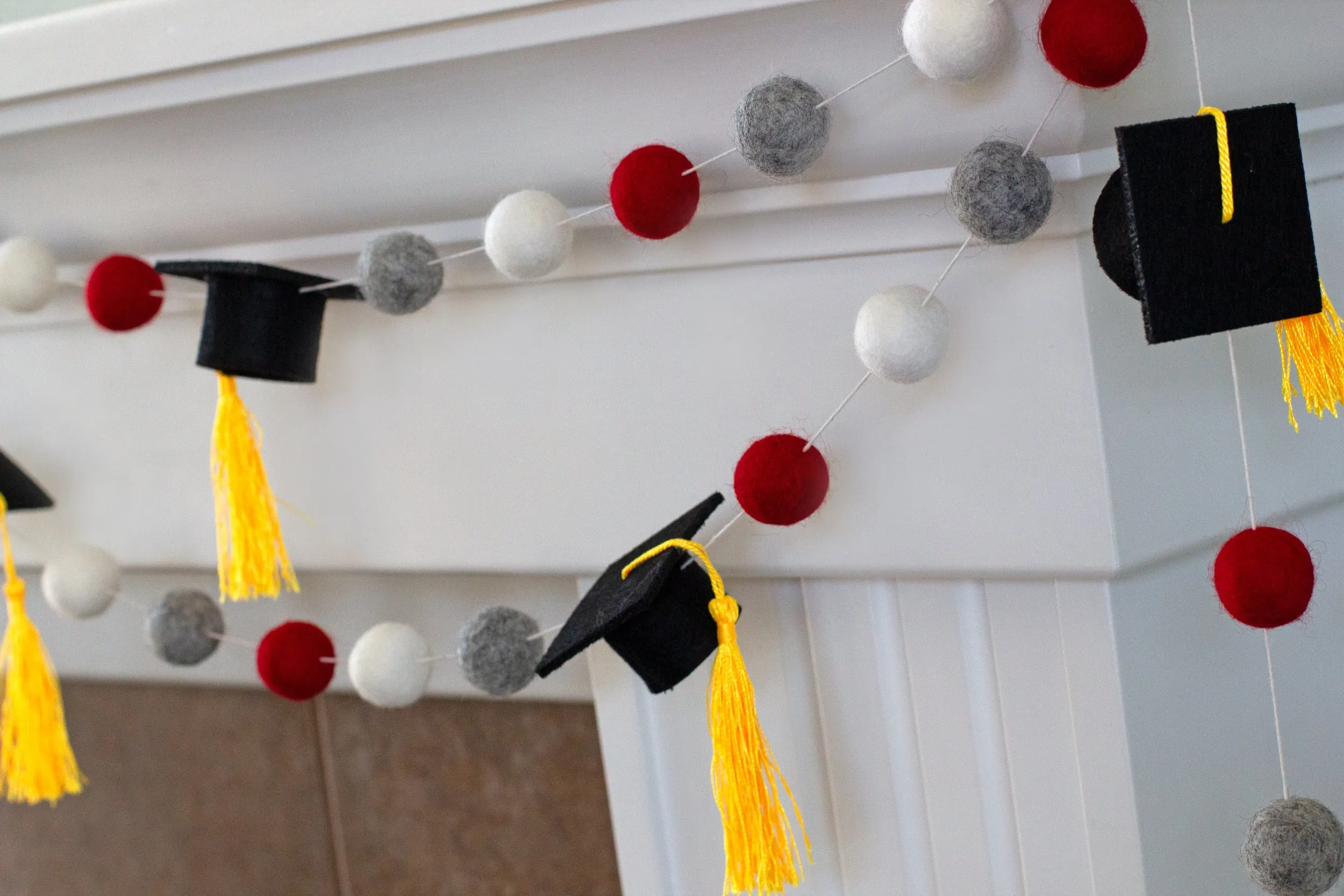 Graduation Cap Felt Garland- Red Gray White with GOLD tassels