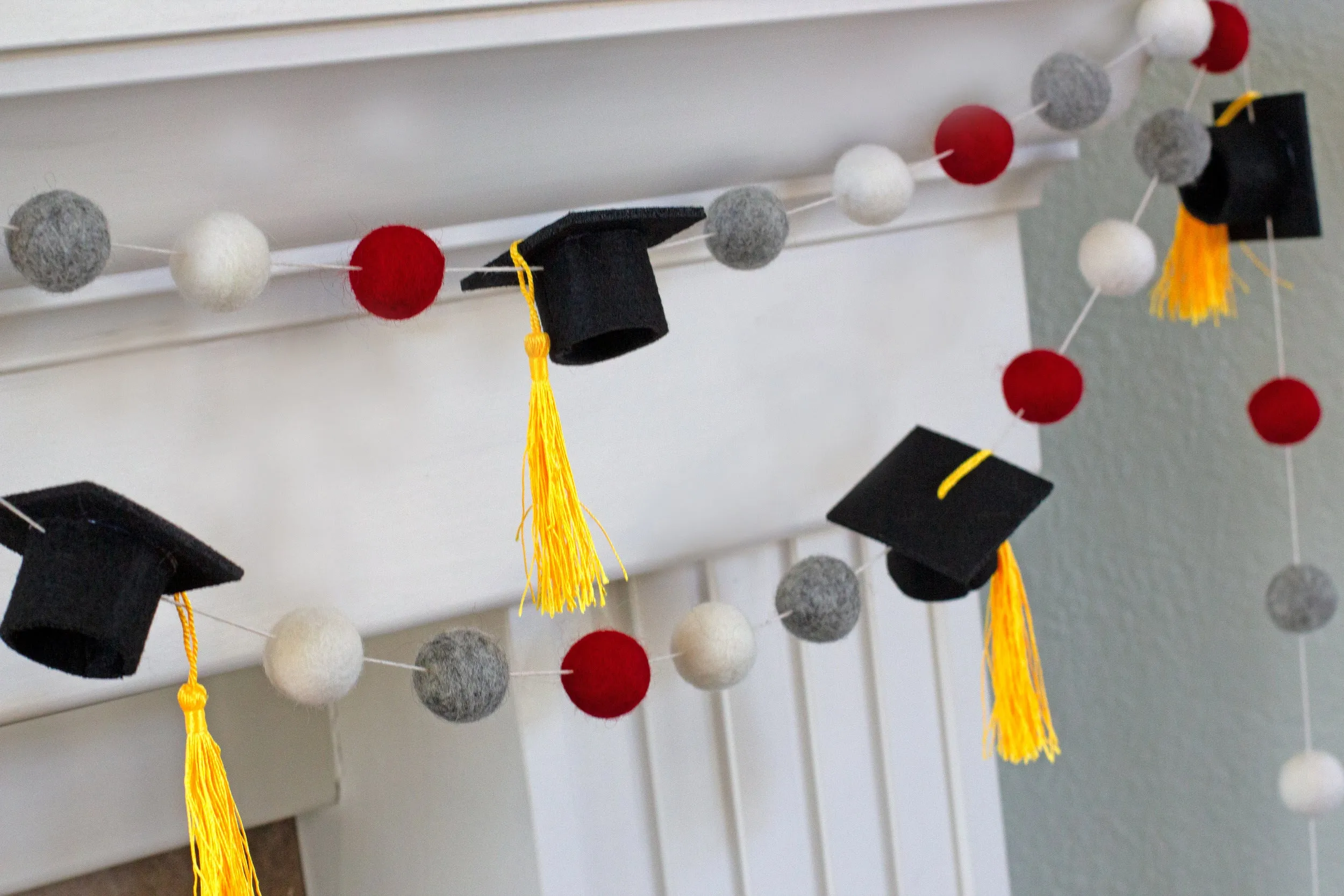 Graduation Cap Felt Garland- Red Gray White with GOLD tassels