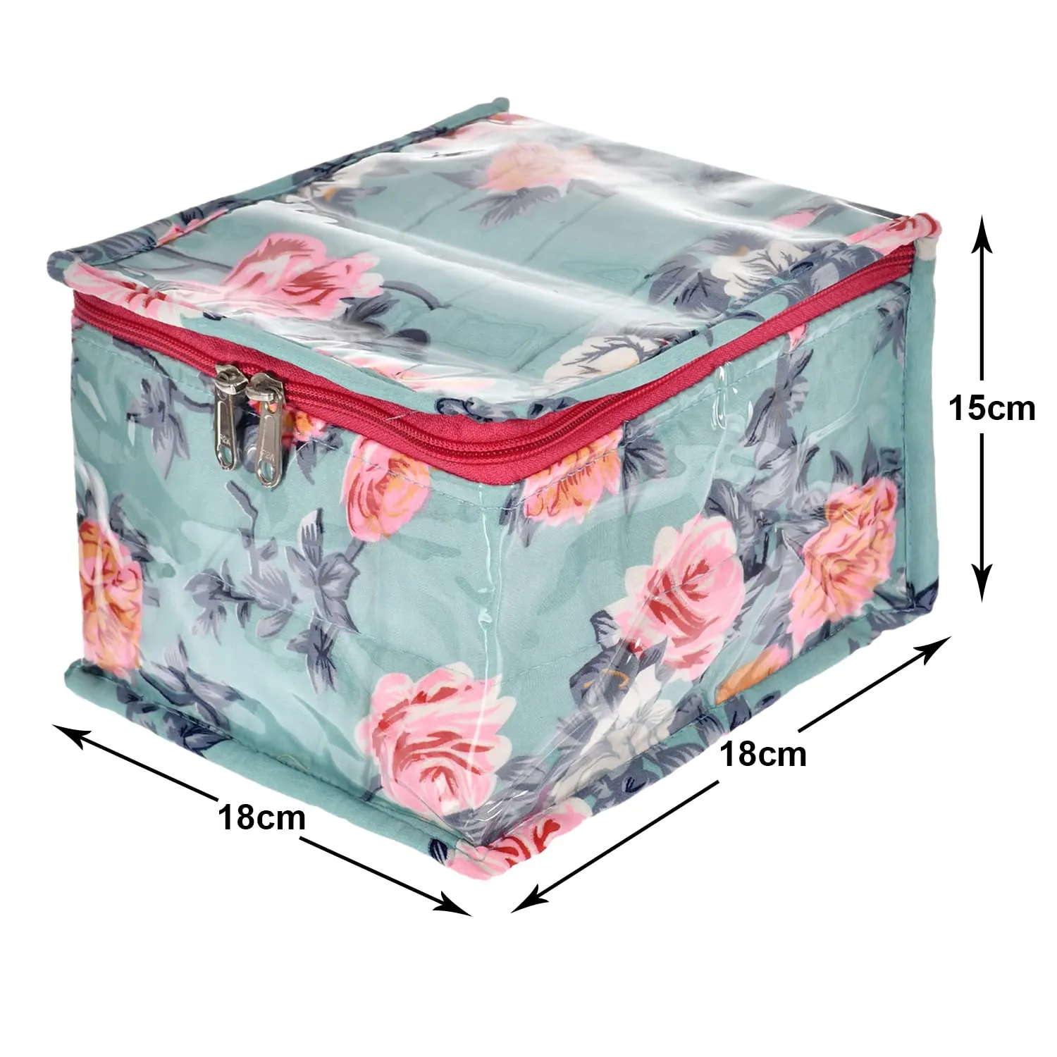 Heart Home Flower Printed Laminated PVC Jewellery Organiser/Storage Bag for Necklace: Earrings: Rings: Bracelet With 10 Transparent Rectangle Pouches (Green)-45HH021